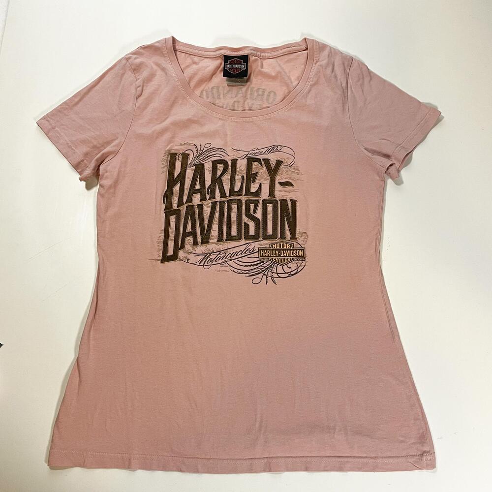 Harley Davidson Shirt Vintage Large Pink Orlando Florida Scoop Neck Graphic Tee